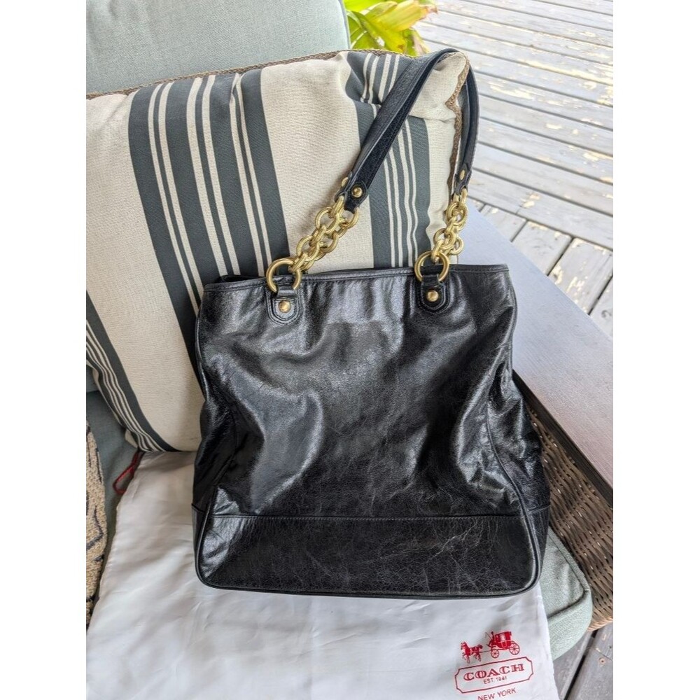 Coach Poppy Black Distressed Leather Chain Strap Tote Shoulder Bag Pink Lining - Picture 11 of 12